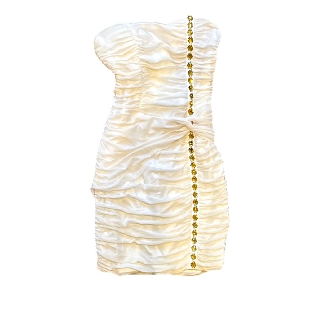 Bebe Strapless Bodycon White Mini Dress Gold Accents - Picture 3 of 12